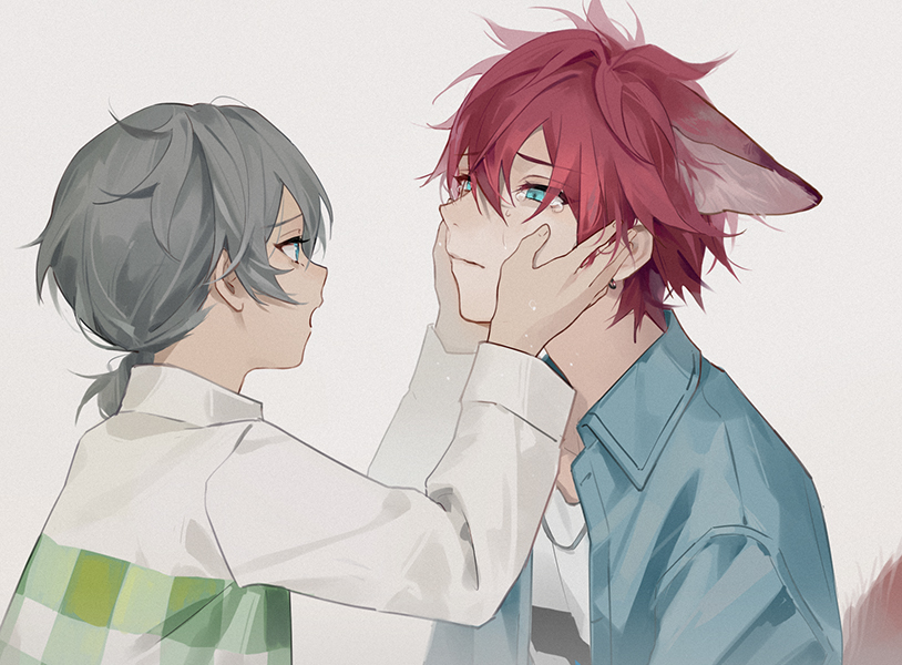 2boys, aged_down, amagi_rinne, animal_ears, blue_shirt, closed_mouth, collared_shirt, ensemble_stars!