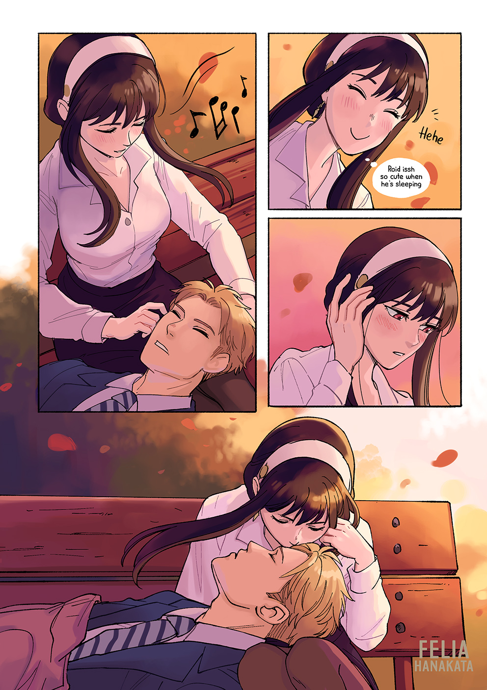 1boy, 1girl, :>, bench, black_hair, blonde_hair, blue_jacket, blush, collared_shirt, comic, couple, drunk, english_text, felia_hanakata, hairband, hetero, highres, jacket, kiss, kissing_forehead, lap_pillow, long_hair, long_sleeves, lying, musical_note, necktie, on_back, outdoors, pantyhose, red_eyes, shirt, sidelocks, sitting, sleeping, smile, speech_bubble, spy_x_family, text_focus, twilight_(spy_x_family), white_hairband, white_shirt, yor_briar