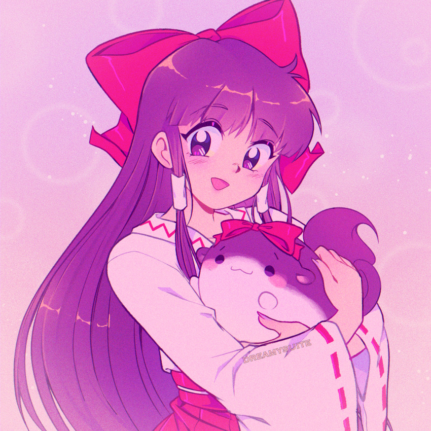 1girl, :d, artist_name, blush, bow, dreamysuite, hair_bow, hair_tubes, hakurei_reimu, hakurei_reimu_(pc-98), highres, holding, long_hair, looking_at_viewer, open_mouth, pink_background, purple_eyes, purple_hair, red_bow, retro_artstyle, ribbon-trimmed_sleeves, ribbon_trim, smile, solo, sukusuku_hakutaku, touhou, touhou_(pc-98), upper_body, very_long_hair, watermark, wide_sleeves