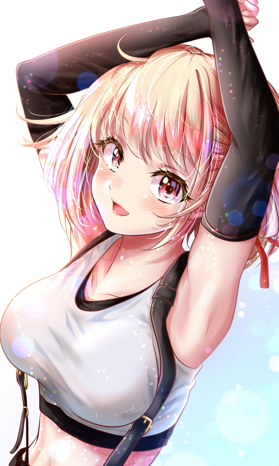 1girl, :d, arms_up, black_gloves, blonde_hair, breasts, collarbone, commentary_request