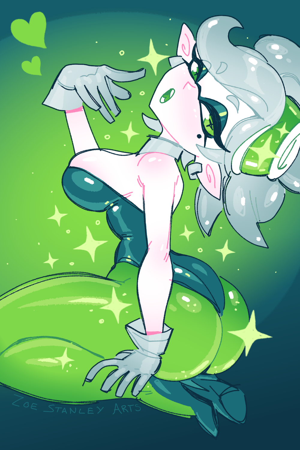 1girl, ass, breasts, cross-shaped_pupils, detached_collar, fang, from_behind, gloves, green_background, green_eyes, head_tilt, heart, high_heels, highres, inkling, kneeling, large_breasts, leotard, looking_at_viewer, looking_back, marie_(splatoon), mole, mole_under_eye, nintendo, open_mouth, short_hair, sitting, solo, sparkle, splatoon_(series), splatoon_1, symbol-shaped_pupils, tentacle_hair, wariza, white_hair, zoe_stanley