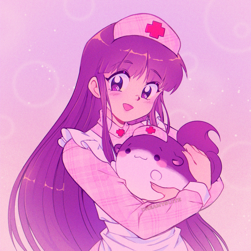 1980s_(style), 1girl, :d, alternate_costume, animal, animal_hug, apron, artist_name