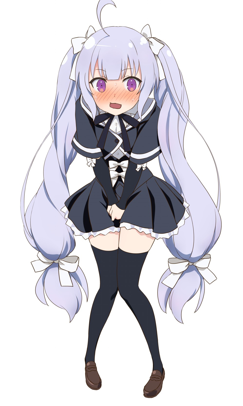 1girl, ahoge, assault_lily, black_ribbon, black_skirt, black_thighhighs, blunt_bangs, blush, bow, brown_shoes, buttons, commentary, commission, corset, covering_crotch, covering_privates, cropped_jacket, detached_sleeves, embarrassed, frilled_skirt, frills, full_body, grey_hair, hair_bow, have_to_pee, highres, knees_together_feet_apart, komatsu_(sakanae), loafers, long_hair, long_sleeves, looking_at_viewer, miniskirt, miriam_hildegard_von_gropius, neck_ribbon, nose_blush, open_mouth, pixiv_commission, purple_eyes, ribbon, school_uniform, shirt, shoes, short_sleeves, simple_background, skirt, skirt_tug, sleeve_bow, sleeves_past_wrists, solo, standing, sweat, thighhighs, twintails, underbust, v_arms, very_long_hair, white_background, white_bow, white_shirt, yurigaoka_girls_academy_school_uniform