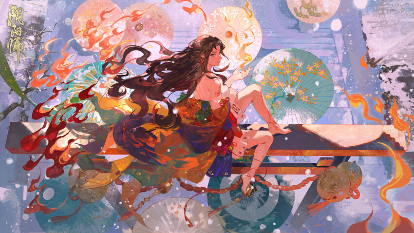 1girl, arm_tattoo, barefoot, black_hair, fire, full_body, highres, long_hair