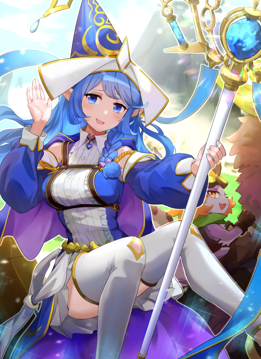 1girl, 1other, bare_shoulders, blue_eyes, blue_hair, braid, breasts, cape, chest_harness, detached_sleeves, dress, duel_monster, feet_out_of_frame, goggles, goggles_on_head, hand_up, harness, hat, highres, holding, holding_staff, hsin, large_breasts, long_sleeves, open_mouth, orange_eyes, orange_hair, pointy_ears, pointy_hat, puffy_long_sleeves, puffy_sleeves, single_braid, sitting, smile, smug, staff, thighhighs, wandering_gryphon_rider, water_enchantress_of_the_temple, witch_hat, yu-gi-oh!, zettai_ryouiki