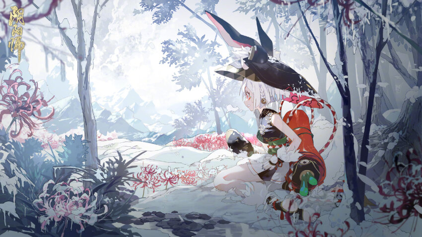 1girl, animal_ears, bag, flower, highres, japanese_clothes, mujin_yama_usagi, official_art