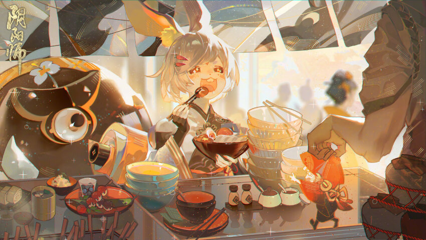 1girl, animal_ears, highres, japanese_clothes, mujin_yama_usagi, official_art, onmyoji, rabbit_ears, short_hair, solo, white_hair, yama_usagi_(onmyoji)