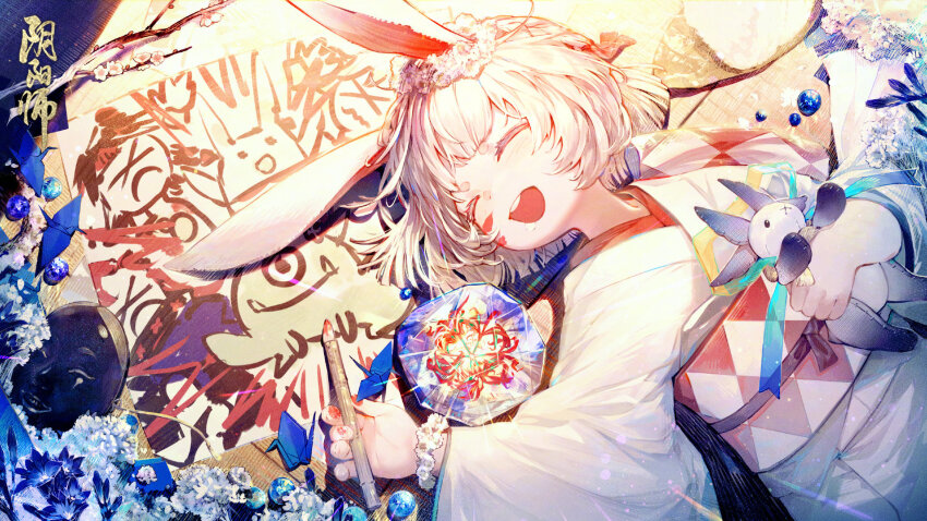 1girl, animal_ears, highres, japanese_clothes, mujin_yama_usagi, official_art, onmyoji, rabbit_ears, short_hair, smile, solo, white_hair, yama_usagi_(onmyoji)