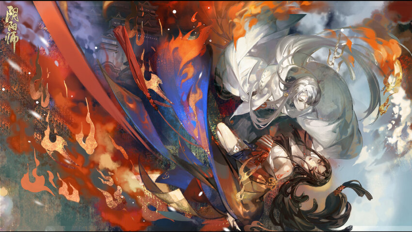 1girl, arm_tattoo, black_hair, closed_eyes, closed_mouth, fire, highres, japanese_clothes, long_hair, long_sleeves, official_art, onmyoji, suzuhiko_hime_(onmyoji), tattoo, wide_sleeves