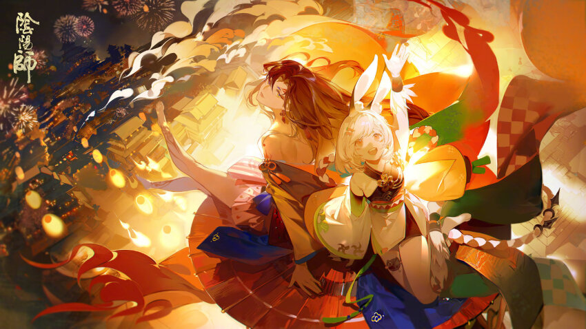 2girls, animal_ears, black_hair, highres, japanese_clothes, mujin_yama_usagi, multiple_girls, nail_polish