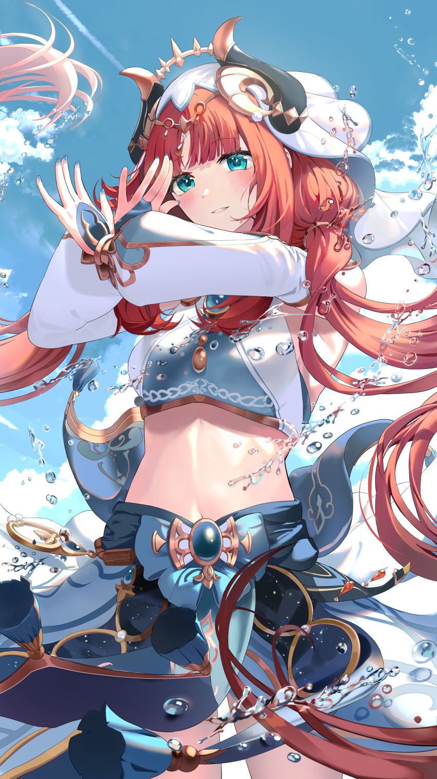 1girl, absurdres, aqua_eyes, bare_shoulders, blue_bow, blue_gem, blue_nails, blue_sky