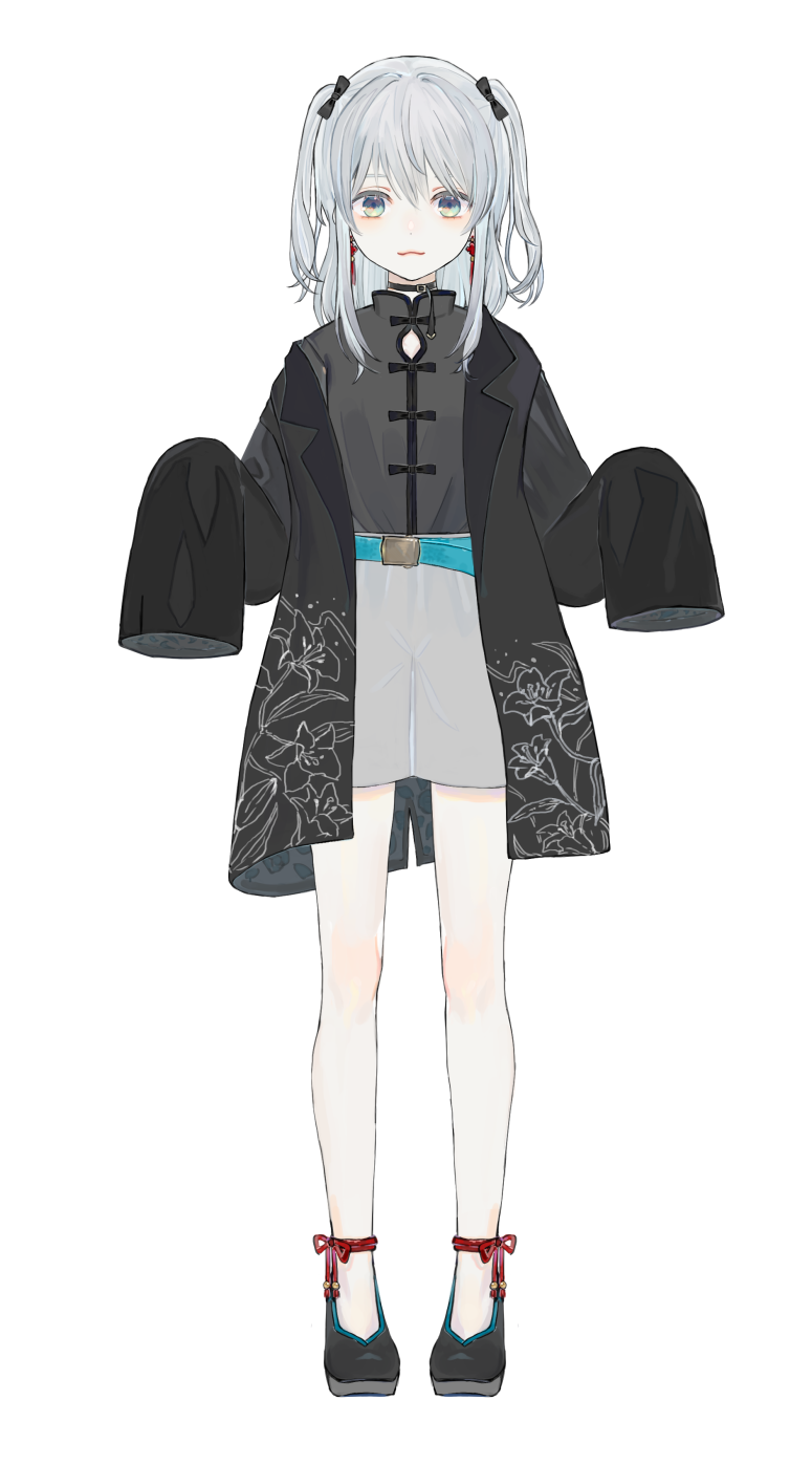 1girl, belt, black_jacket, black_ribbon, black_shirt, black_shoes, blue_eyes, closed_mouth