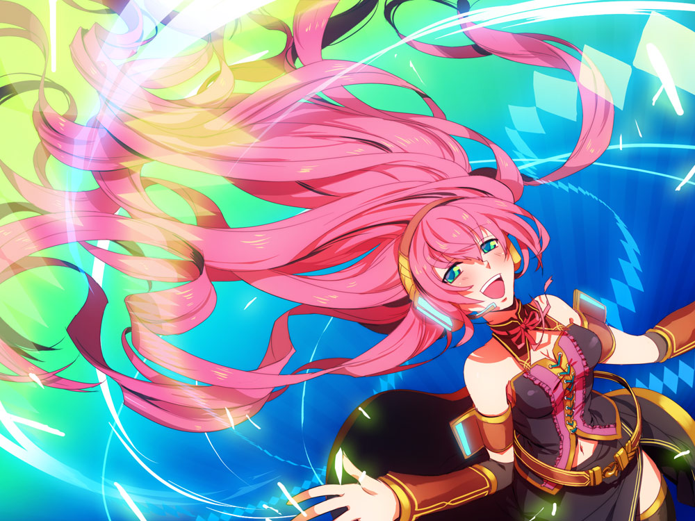 1girl, aqua_eyes, belt, blush, female_focus, gradient_background, headphones, kiritachi