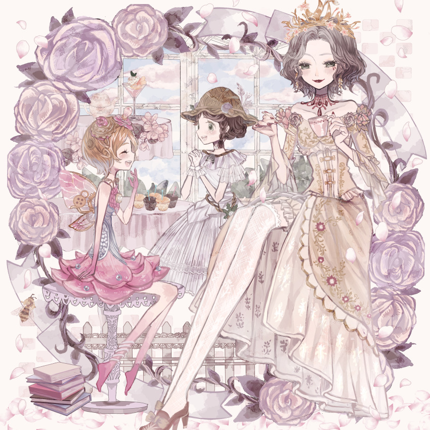 3girls, ^_^, absurdres, bare_arms, bare_legs, bee, black_eyes, blue_eyes