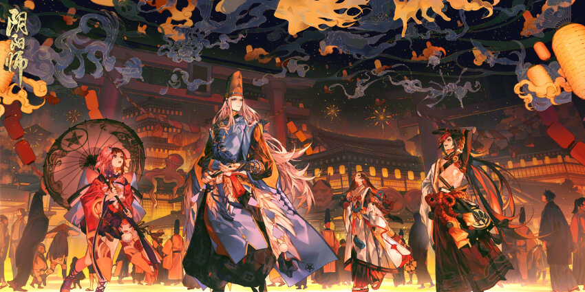 2boys, 2girls, abe_no_seimei_(onmyoji), black_hair, brown_hair, detached_sleeves, festival, fish_hair_ornament