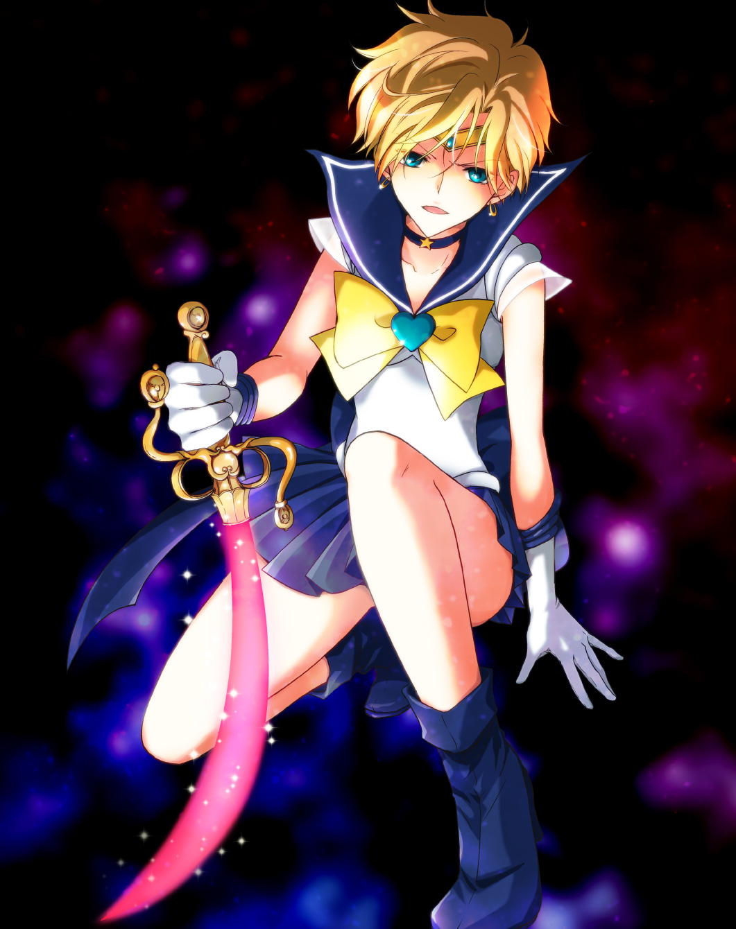 1990s_(style), 1girl, bishoujo_senshi_sailor_moon, blonde_hair, blue_boots, blue_sailor_collar, blue_skirt, boots, bow, brooch, choker, female_focus, gloves, green_eyes, heart, heart_brooch, highres, jewelry, kirihara_subako, magical_girl, retro_artstyle, sailor, sailor_collar, sailor_senshi, sailor_uranus, short_hair, skirt, solo, sword, ten'ou_haruka, tiara, weapon, white_gloves, yellow_bow