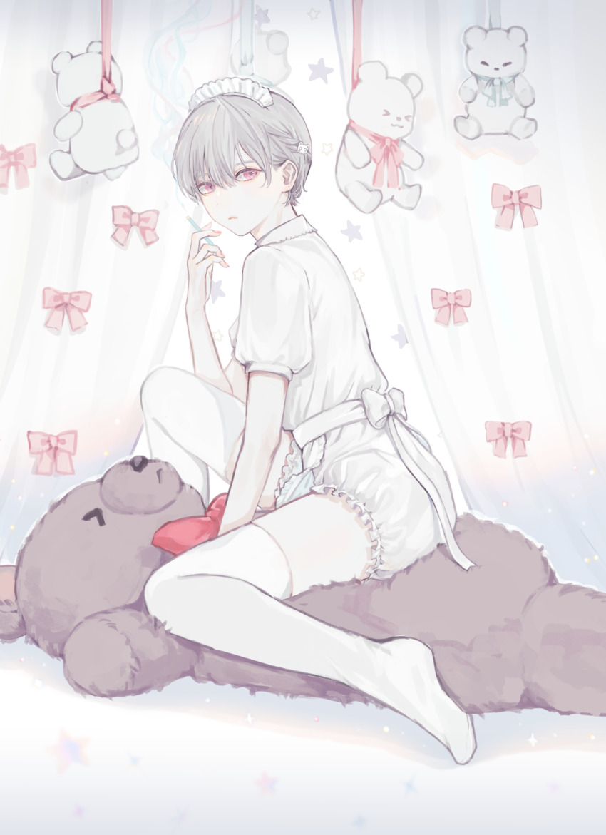 1girl, bow, cigarette, closed_mouth, curtains, frilled_hairband, frills, from_side