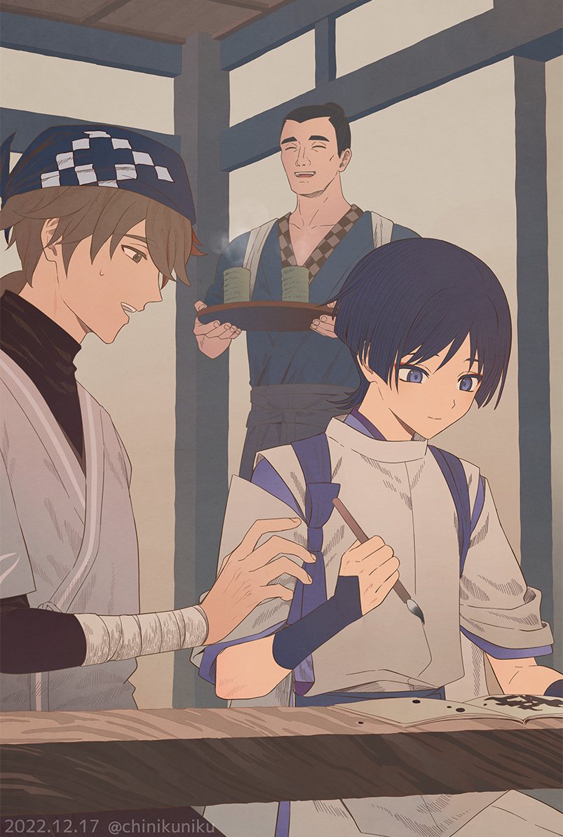 3boys, ^_^, armor, artist_name, bandaged_arm, bandages, bandana, black_hair
