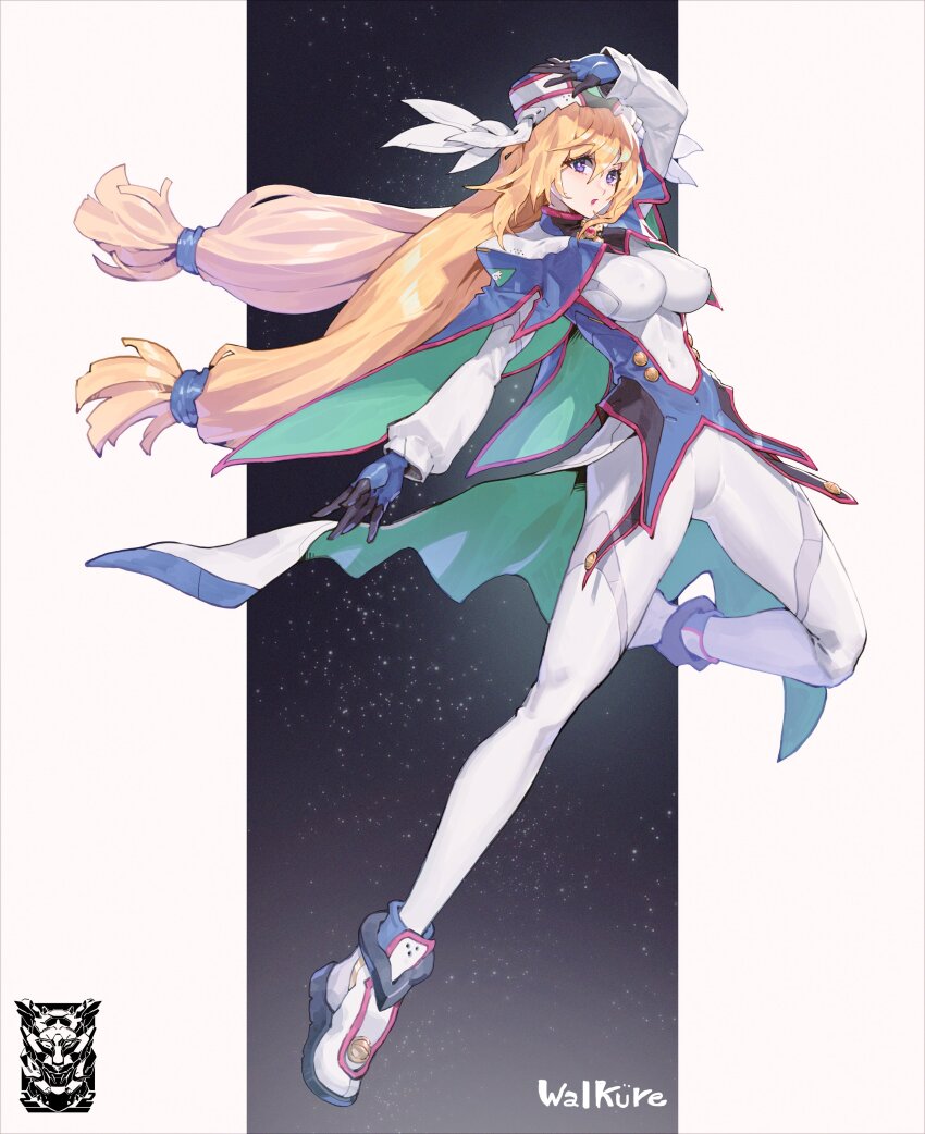 1girl, absurdres, ankle_boots, arm_up, blonde_hair, bodysuit, boots, breasts