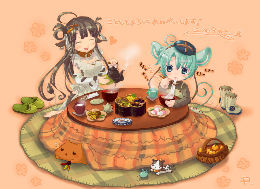 2girls, ^_^, animal_ears, apron, aqua_hair, barefoot, basket, black_hair