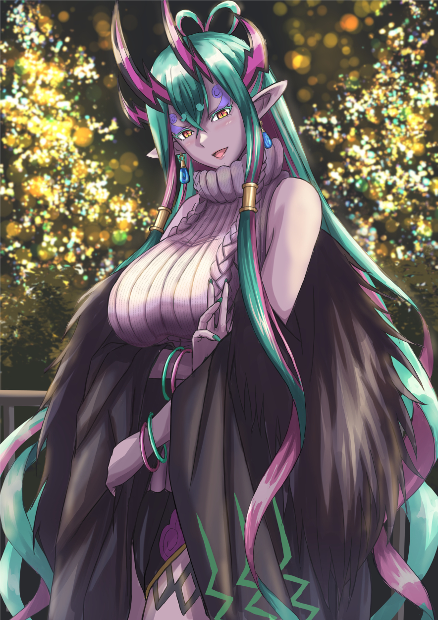 1girl, aqua_hair, bare_shoulders, black_coat, black_skirt, blush, breasts, coat