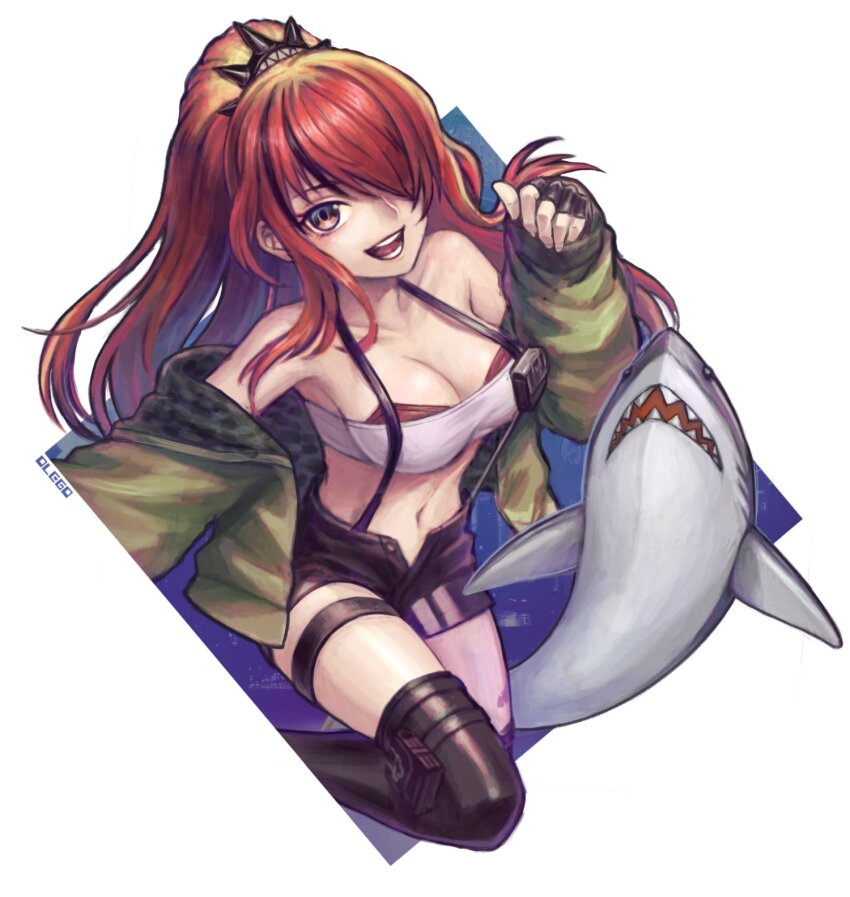 1girl, :d, bandeau, bare_shoulders, black_gloves, black_hair, black_shorts, black_thighhighs, breasts, cleavage, commentary_request, fingerless_gloves, gloves, green_jacket, hair_over_one_eye, highres, jacket, lain_paterson, lain_paterson_(1st_costume), large_breasts, long_hair, long_sleeves, looking_at_viewer, midriff, multicolored_hair, navel, nijisanji, off_shoulder, open_clothes, open_fly, open_jacket, open_mouth, orego, ponytail, pouch, purple_eyes, red_hair, short_shorts, shorts, simple_background, smile, solo, stomach, strapless, streaked_hair, stuffed_animal, stuffed_shark, stuffed_toy, suspenders, thigh_strap, thighhighs, thighs, tube_top, very_long_hair, virtual_youtuber, white_background