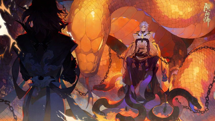2boys, bishounen, highres, japanese_clothes, kamiochi_orochi, long_hair, male_focus, multiple_boys, official_art, onmyoji, snake, white_hair