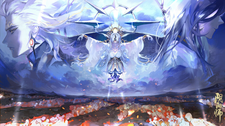 1girl, 3boys, bishounen, character_request, highres, japanese_clothes, kamiochi_orochi, long_hair, male_focus, multiple_boys, official_art, onmyoji, snake, susanoo_(onmyoji), white_hair