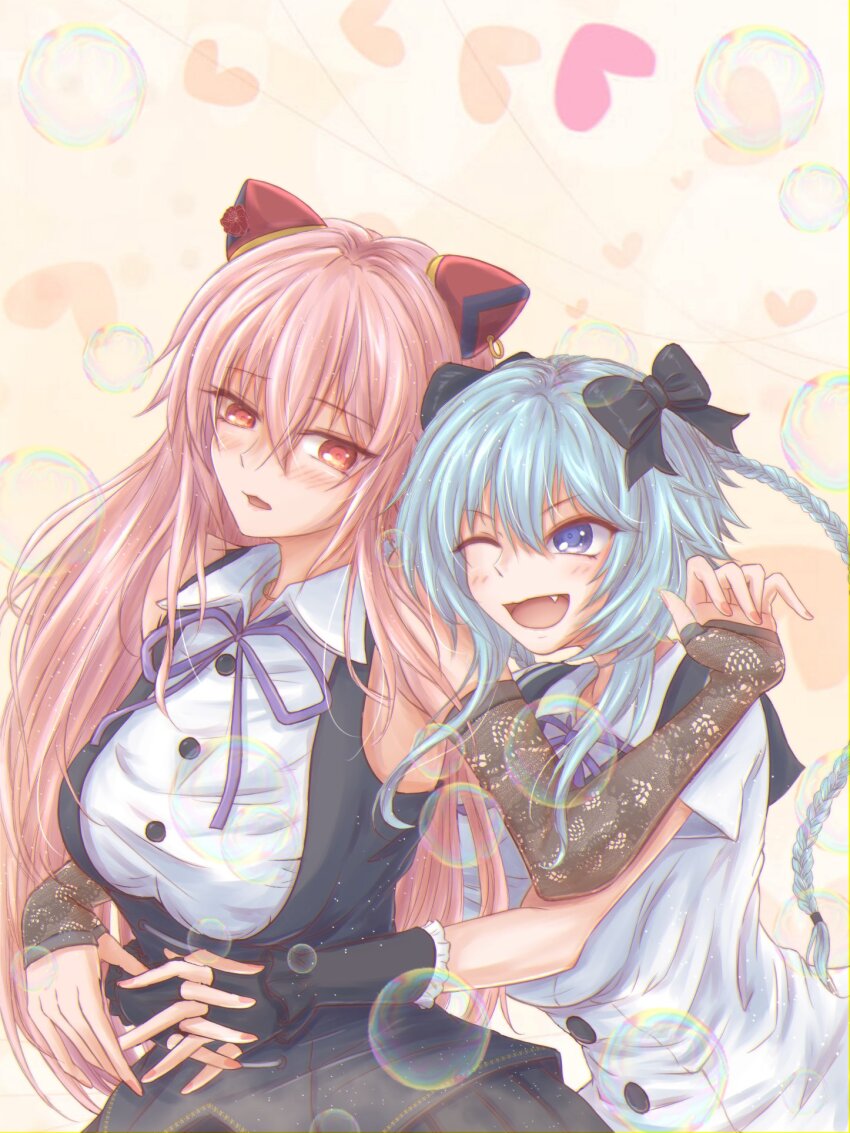 2girls, ;d, assault_lily, bare_shoulders, black_bow, black_sailor_collar, black_skirt, blue_hair
