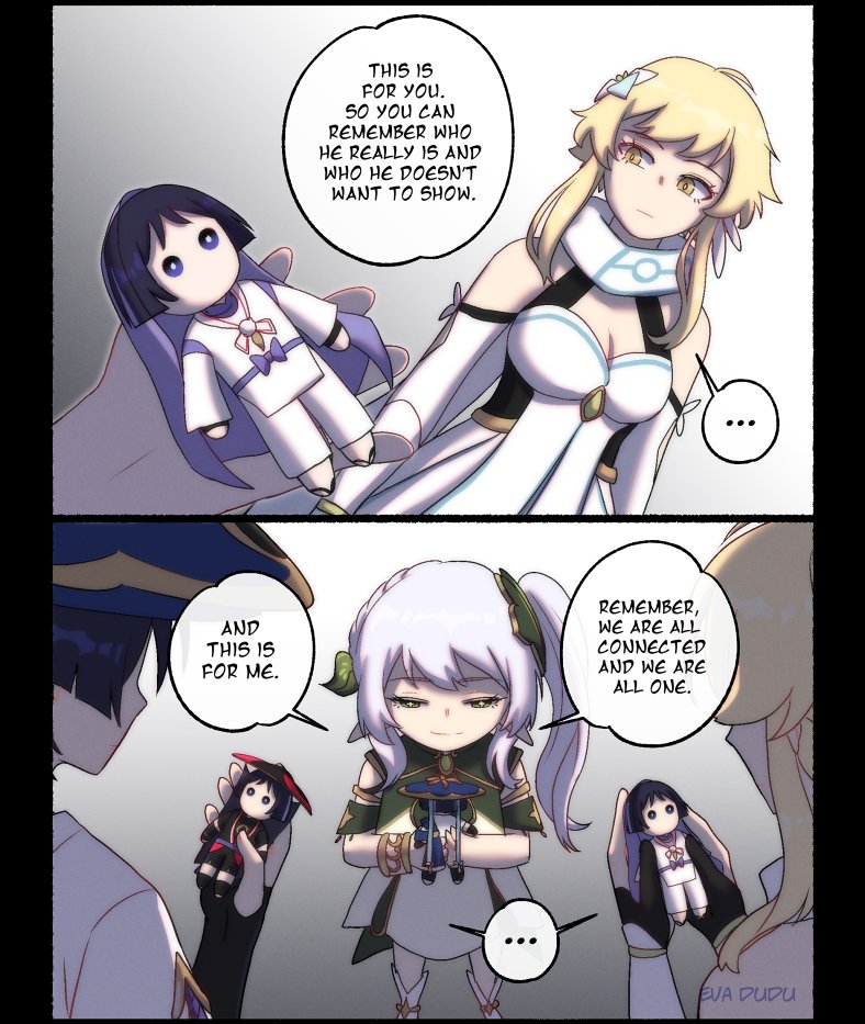 ..., 1boy, 2girls, 2koma, artist_name, blonde_hair, breasts, bright_pupils