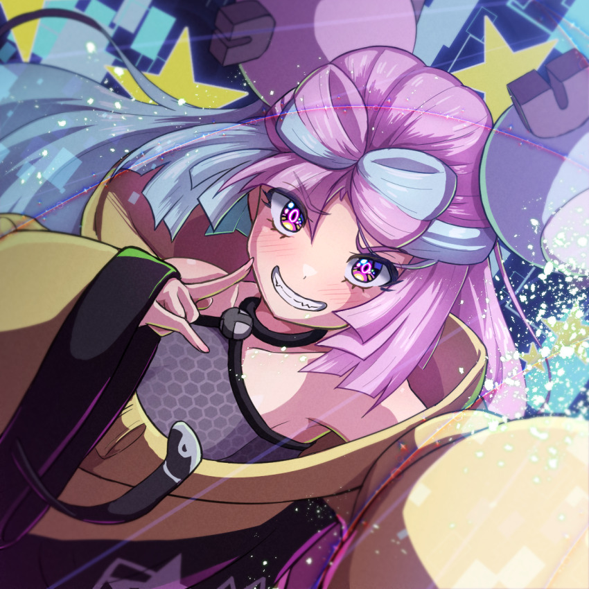 1girl, blurry, blush, collarbone, commentary_request, green_hair, grey_shirt, grin, hand_up, highres, iono_(pokemon), jacket, long_hair, looking_at_viewer, multicolored_hair, nintendo, oaja, pokemon, pokemon_scarlet_and_violet, purple_hair, selfie, shirt, sleeveless, sleeveless_shirt, smile, solo, star_(symbol), teeth, two-tone_hair, yellow_jacket