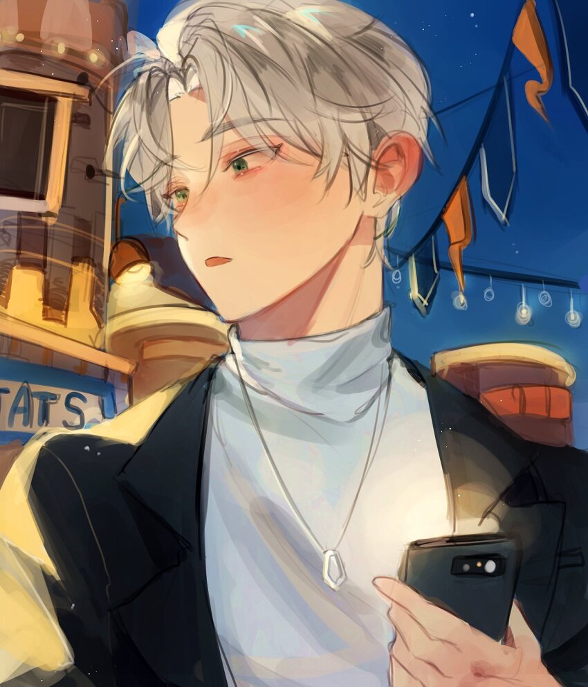 1boy, black_jacket, cellphone, character_request, commentary, copyright_request, green_eyes, grey_hair, highres, holding, holding_phone, jacket, jewelry, male_focus, necklace, night, open_mouth, outdoors, pennant, phone, seodae_7810, shirt, short_hair, solo, string_of_flags, turtleneck, upper_body, white_shirt