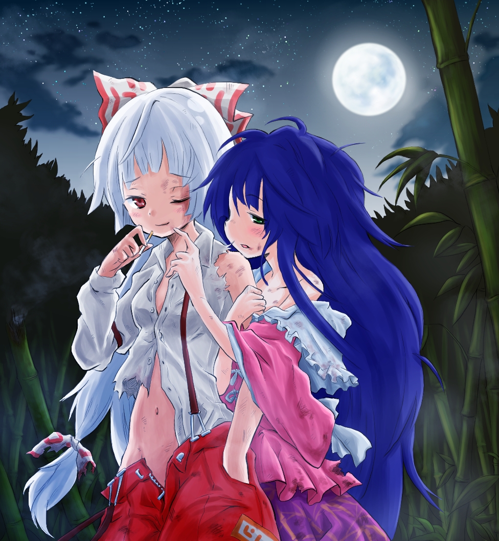 2girls, bad_id, bad_pixiv_id, bamboo, bamboo_forest, bare_shoulders, blue_hair, cigarette