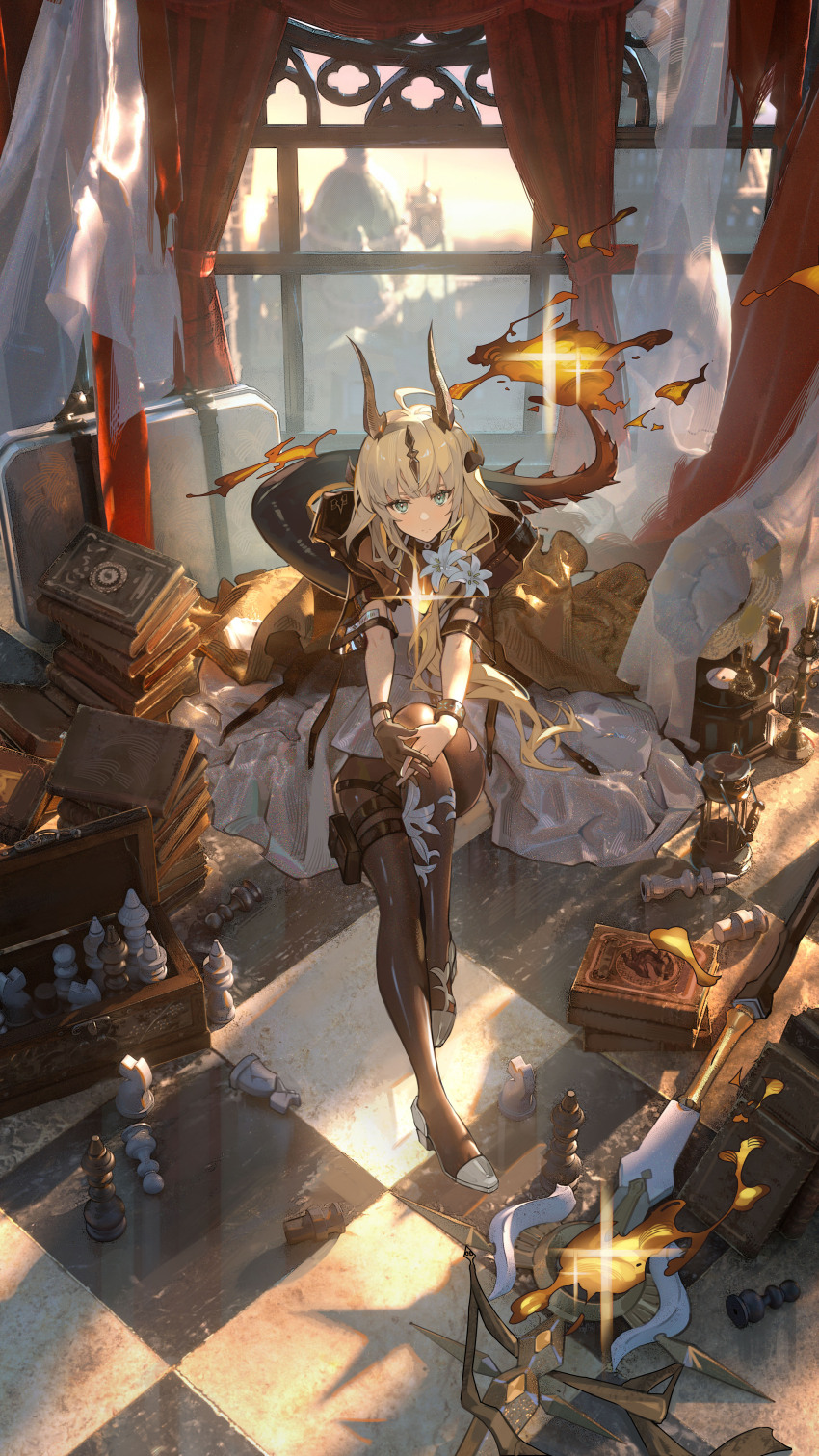 1girl, absurdres, arknights, black_pantyhose, blonde_hair, book, book_stack, candelabra