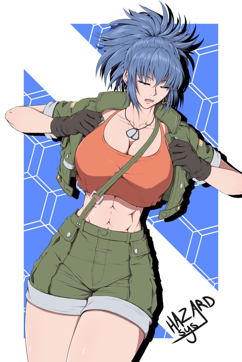 1girl, abs, absurdres, black_gloves, blue_eyes, breasts, dog_tags, earrings, gloves, green_shorts, hazard_sys, highres, jacket, jewelry, large_breasts, leona_heidern, muscular, muscular_female, one_eye_closed, open_clothes, open_jacket, red_shirt, shirt, shorts, signature, solo, suspenders, the_king_of_fighters, the_king_of_fighters_xv, triangle_earrings