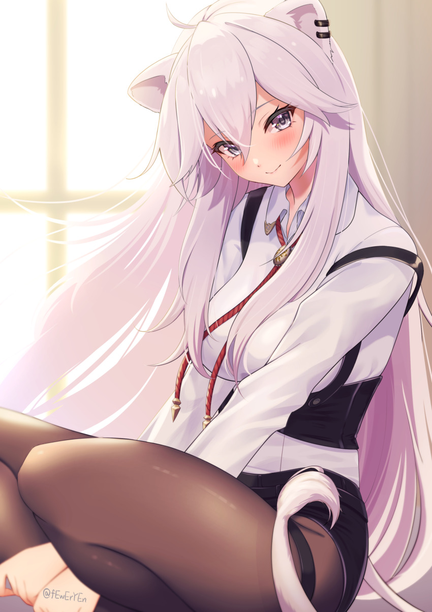 1girl, absurdres, ahoge, animal_ears, between_legs, black_shorts, blush, bolo_tie