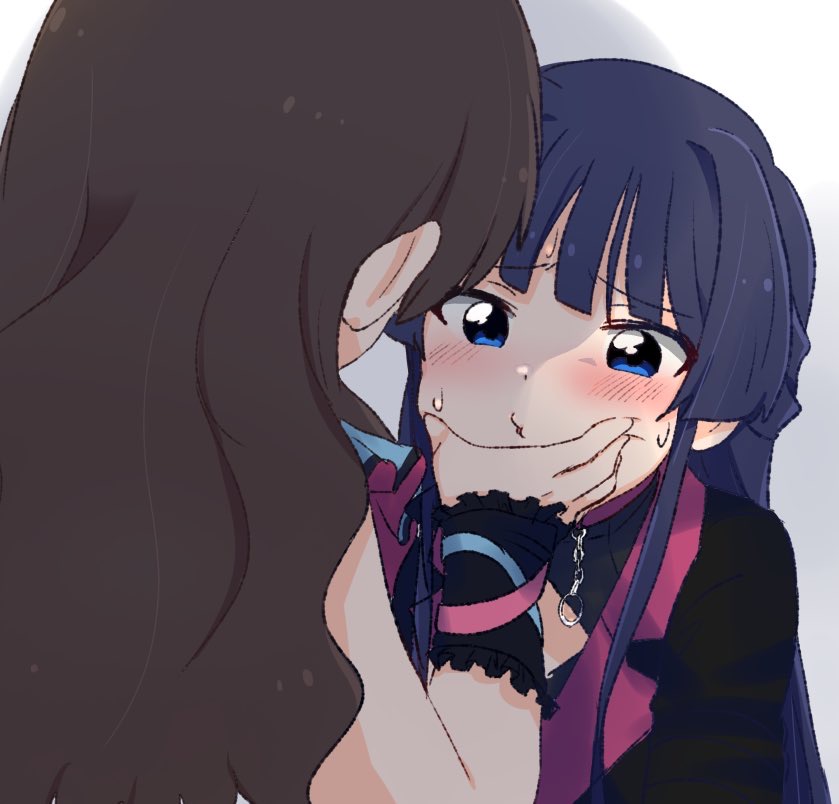 blue_eyes, blue_hair, blunt_bangs, blush, brown_hair, charm_(object), cheek_squash, cleavage_cutout