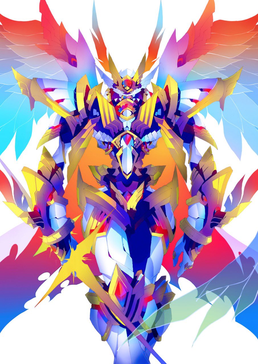 alphamon, alphamon_(battle_park), armor, digimon, energy_sword, highres, looking_at_viewer, solo, sword, weapon, wings