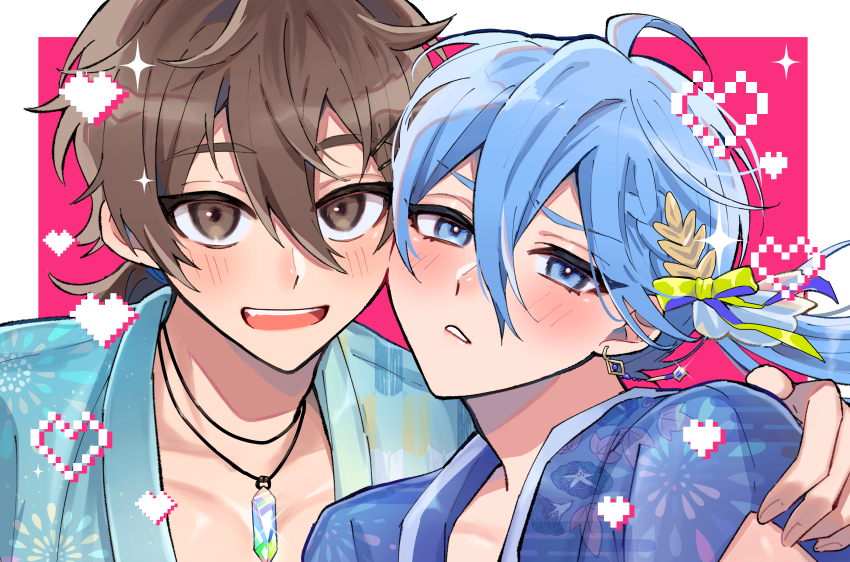 2boys, absurdres, ahoge, alternate_hairstyle, arm_around_shoulder, bishounen, blue_hair, blush, braid, brown_eyes, brown_hair, earrings, edmond_(nu_carnival), edmond_(sweet_aroma)_(nu_carnival), eiden_(chase_the_rainbow)_(nu_carnival), eiden_(nu_carnival), gem, green_ribbon, hair_between_eyes, hair_ornament, hair_ribbon, hairpin, heart, highres, japanese_clothes, jewelry, kimono, light_blue_hair, looking_at_viewer, low_ponytail, male_focus, multiple_boys, necklace, nu_417, nu_carnival, open_mouth, pink_background, pixel_heart, ponytail, ribbon, short_hair, side_braid, tassel, tassel_earrings, yaoi
