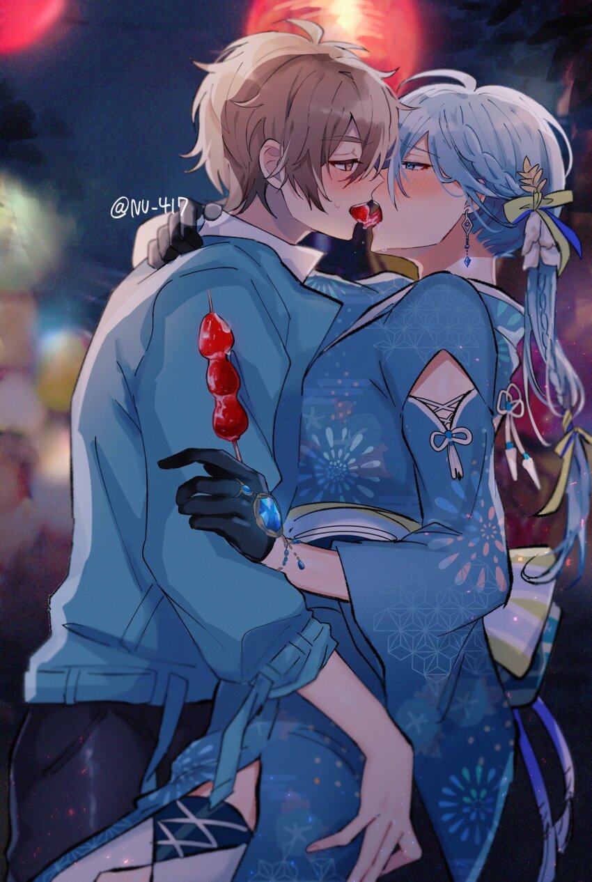 2boys, ahoge, alternate_hairstyle, bishounen, black_gloves, blue_jacket, blue_kimono, blurry, blurry_background, braid, crossdressing, crossdressing_(mtf), earrings, edmond_(nu_carnival), edmond_(sweet_aroma)_(nu_carnival), eiden_(nu_carnival), food, food_in_mouth, french_kiss, gloves, highres, holding, holding_food, jacket, japanese_clothes, jewelry, kimono, kiss, low_ponytail, male_focus, multiple_boys, nu_417, nu_carnival, open_mouth, ponytail, short_hair, side_braid, standing, tongue, tongue_out, twitter_username, yaoi