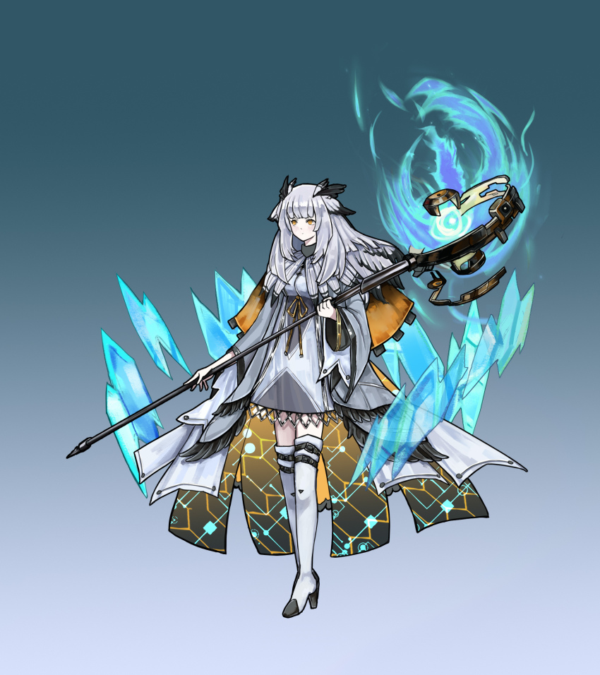 1girl, animal_ears, arknights, belt, bird_ears, boots, capelet, closed_mouth, coat, dot_mouth, dress, expressionless, fan_zhongli_cangshu, full_body, gradient_background, highres, holding, holding_staff, library_of_ruina, long_sleeves, magic, open_clothes, open_coat, orange_eyes, orange_ribbon, patterned_clothing, project_moon, ptilopsis_(arknights), ribbon, solo, staff, thigh_boots, white_hair, wide_sleeves