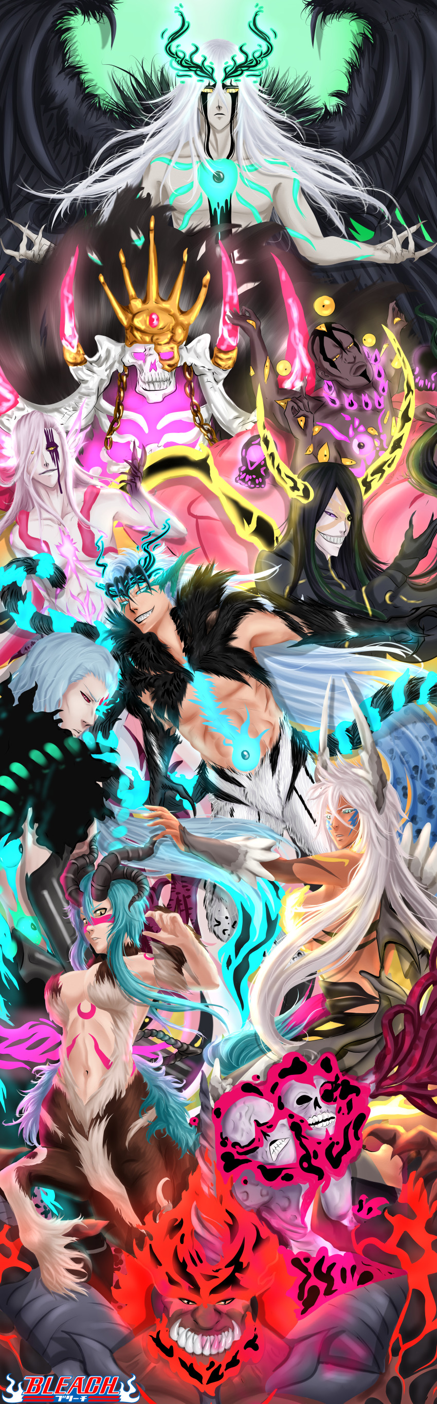 2girls, 6+boys, aaroniero_arruruerie, abs, absurdres, arrancar, aurora_archangel, baraggan_louisenbairn, black_hair, bleach, bleach:_brave_souls, blonde_hair, blue_eyes, blue_hair, bone, breast_tattoo, breasts, brown_hair, cleavage, colored_skin, coyote_starrk, dark-skinned_female, dark_skin, drawing, dress, eyepatch, facial_hair, facial_mark, gloves, green_eyes, grimmjow_jaegerjaquez, hair_between_eyes, highres, hole_on_body, hollow_(bleach), horns, large_breasts, long_hair, looking_at_viewer, midriff, multiple_boys, multiple_girls, navel, nelliel_tu_odelschwanck, nnoitra_gilga, number_tattoo, pink_hair, purple_eyes, purple_hair, red_eyes, resurreccion, revealing_clothes, scar, short_hair, skull, szayelaporro_granz, tattoo, tier_harribel, ulquiorra_cifer, underboob, weapon, white_skin, wings, yellow_eyes, zommari_rureaux