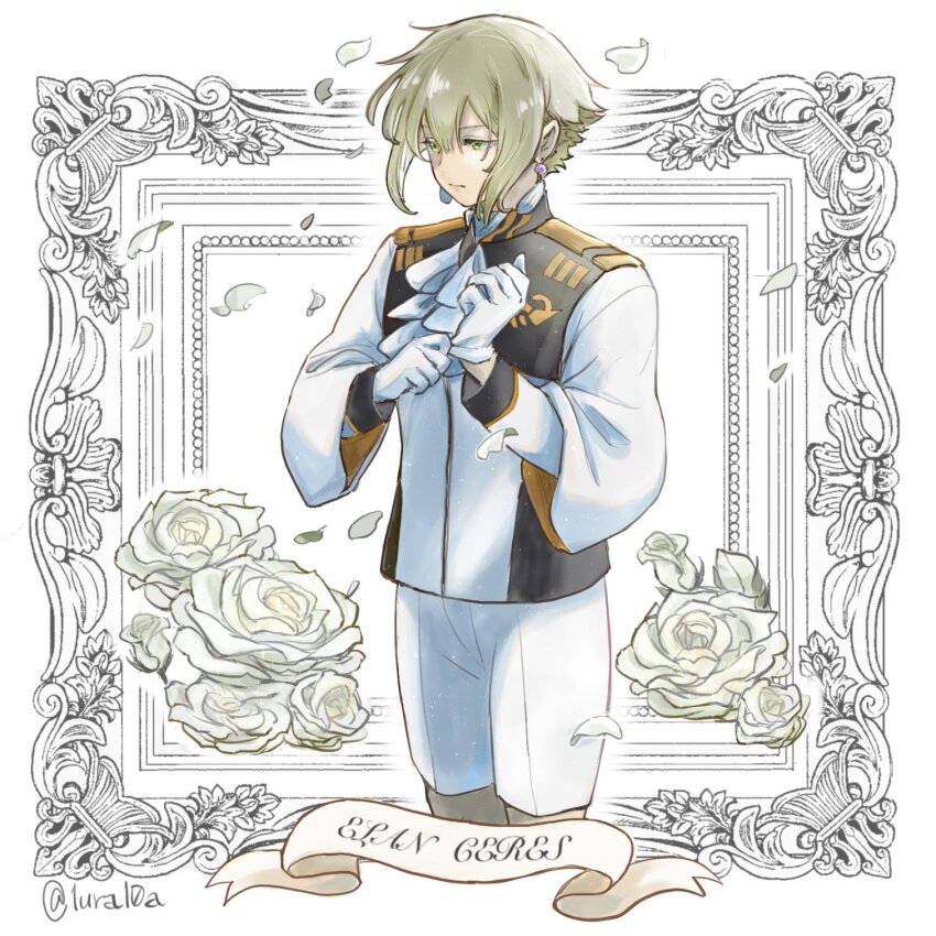 1boy, adjusting_clothes, adjusting_gloves, ascot, asticassia_school_uniform, blonde_hair, border, character_name