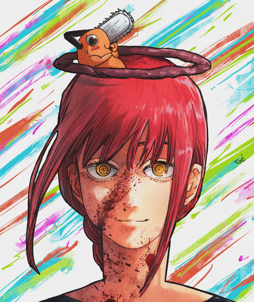 absurdres, altoeam, artist_name, blood, blood_on_face, blush, braid, chainsaw_man, commentary, english_commentary, halo, highres, looking_at_viewer, makima_(chainsaw_man), pochita_(chainsaw_man), red_hair, sidelocks, sweat, yellow_eyes