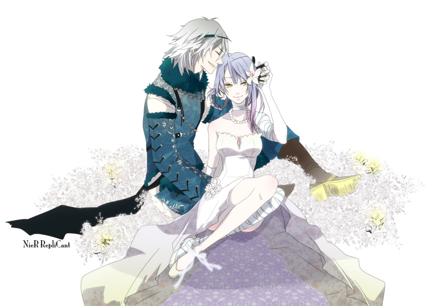 1boy, 1girl, bad_id, bad_pixiv_id, bandages, braid, bride, closed_eyes, couple, dress, flower, hetero, jewelry, kaine_(nier), legs, necklace, nier, nier_(brother), nier_(brother)_(post_timeskip), nier_(series), pearl_necklace, pomeko, smile, wedding_dress, white_dress, white_hair, yellow_eyes