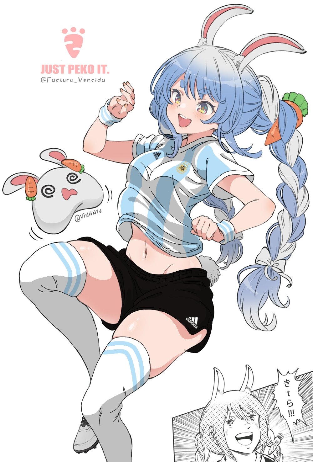 1girl, 2022_fifa_world_cup, adidas, argentina, armband, black_shorts, blue_hair, blue_shirt, braid, captain_tsubasa, don-chan_(usada_pekora), highres, hololive, long_hair, multicolored_hair, shirt, shorts, soccer_uniform, sportswear, striped_clothes, striped_shirt, takahashi_youichi_(style), thick_eyebrows, thick_thighs, thighs, twin_braids, two-tone_hair, usada_pekora, vertical-striped_clothes, vertical-striped_shirt, vinhnyu, virtual_youtuber, white_hair, world_cup
