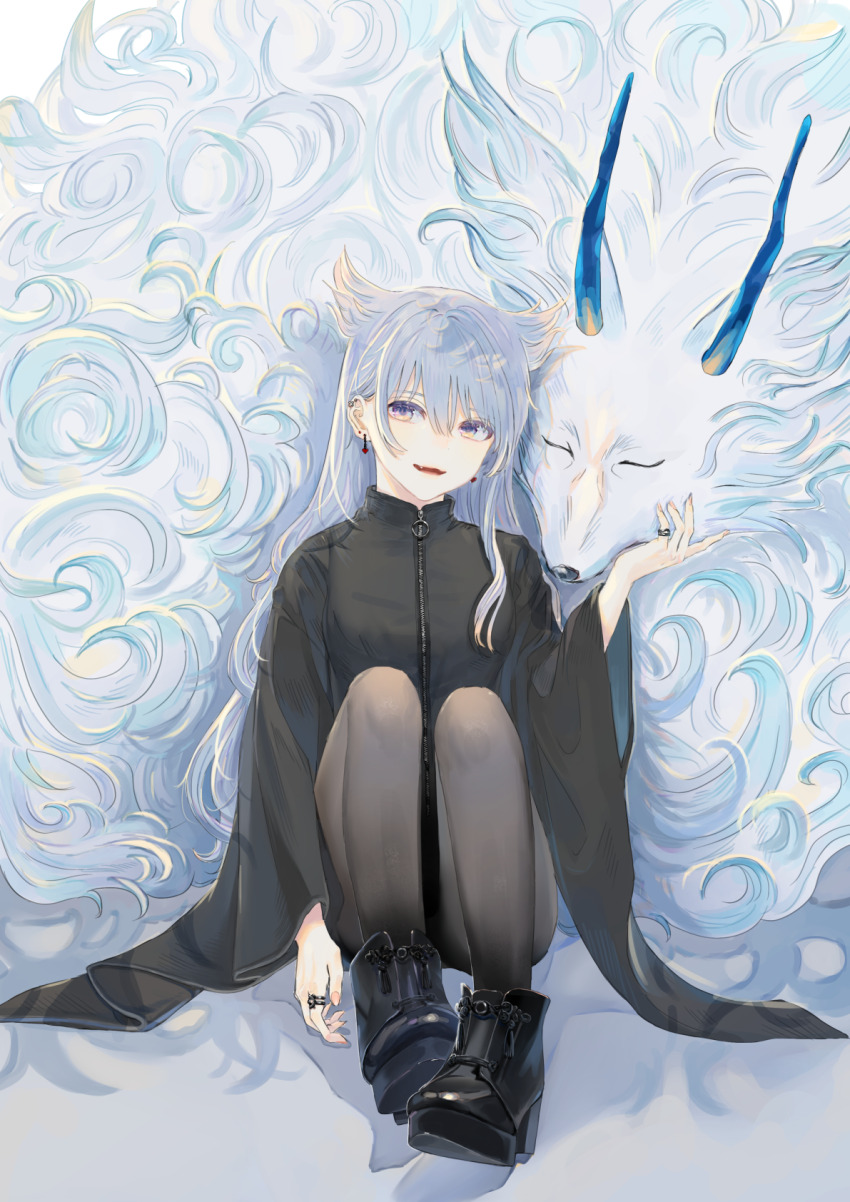 1girl, black_jacket, black_pantyhose, black_shoes, creature, earrings, fang, highres, horns, iei000, jacket, jewelry, long_hair, long_sleeves, original, pantyhose, parted_lips, purple_eyes, ring, shoes, sitting, solo, white_hair, wide_sleeves