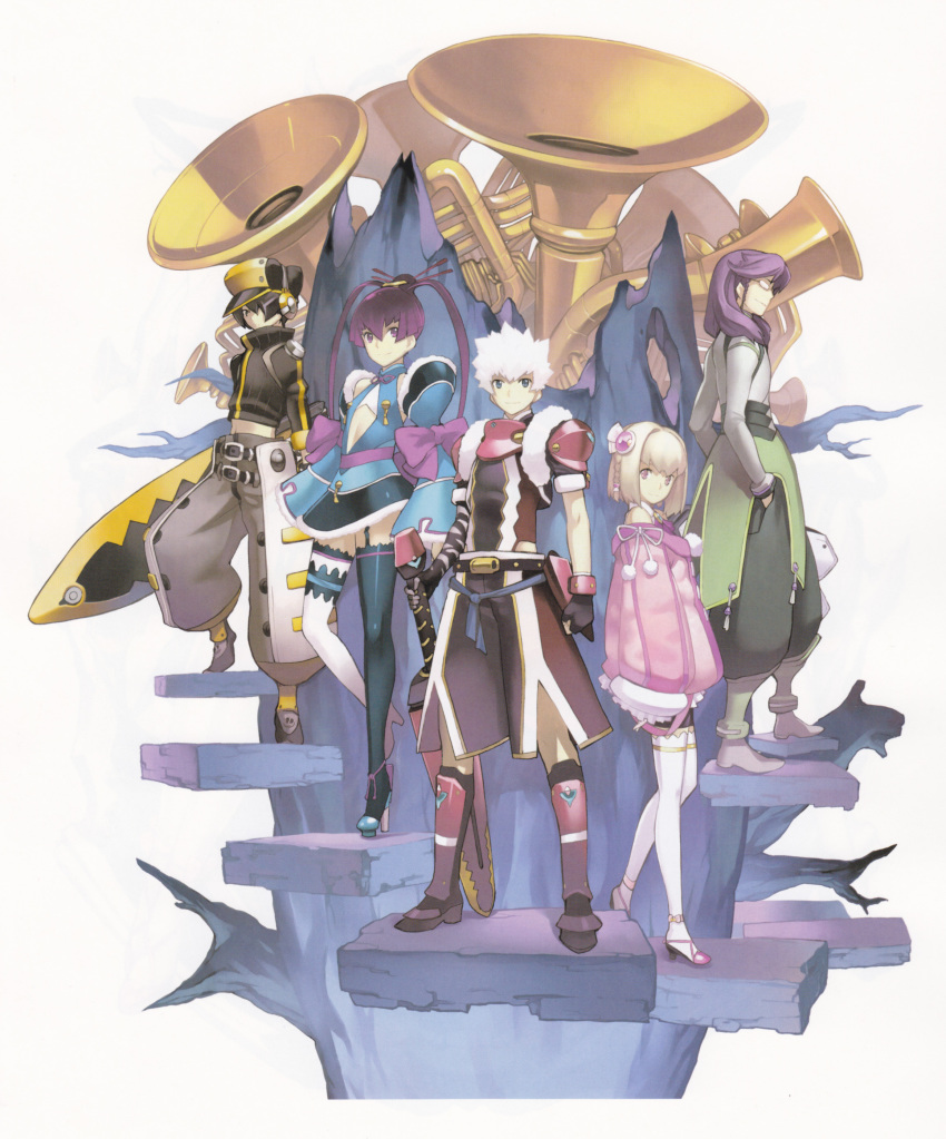 2boys, 2girls, absurdres, aoto_(ar_tonelico), ar_tonelico, ar_tonelico_iii, armor, asymmetrical_clothes, belt, bike_shorts, black_hair, blonde_hair, blue_eyes, blue_thighhighs, bow, braid, detached_sleeves, fingerless_gloves, finnel_(ar_tonelico), flat_chest, garter_straps, glasses, gloves, gust, hair_ornament, hair_over_one_eye, hands_in_pockets, hat, headphones, high_heels, highres, hikari_gojou, hikari_gojyou, lace, lace-trimmed_legwear, lace_trim, long_hair, midriff, multicolored_legwear, multiple_boys, multiple_girls, nagi_ryou, official_art, pink_eyes, purple_eyes, purple_hair, reverse_trap, saki_(ar_tonelico), scan, shoes, short_hair, stairs, sword, tassel, tatsumi_(ar_tonelico), thighhighs, twintails, weapon, white_hair, white_thighhighs, zettai_ryouiki