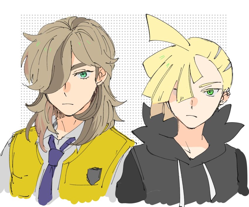2boys, ahoge, arven_(pokemon), blonde_hair, brown_hair, collared_shirt, ear_piercing, gladion_(pokemon), green_eyes, hair_over_one_eye, highres, hinata_(ryohinata), hood, hoodie, long_hair, multicolored_hair, multiple_boys, necktie, nintendo, open_clothes, open_vest, piercing, pokemon, pokemon_sun_and_moon, pokemon_scarlet_and_violet, purple_necktie, school_uniform, shirt, short_hair, uva_academy_school_uniform, vest, white_shirt, yellow_vest