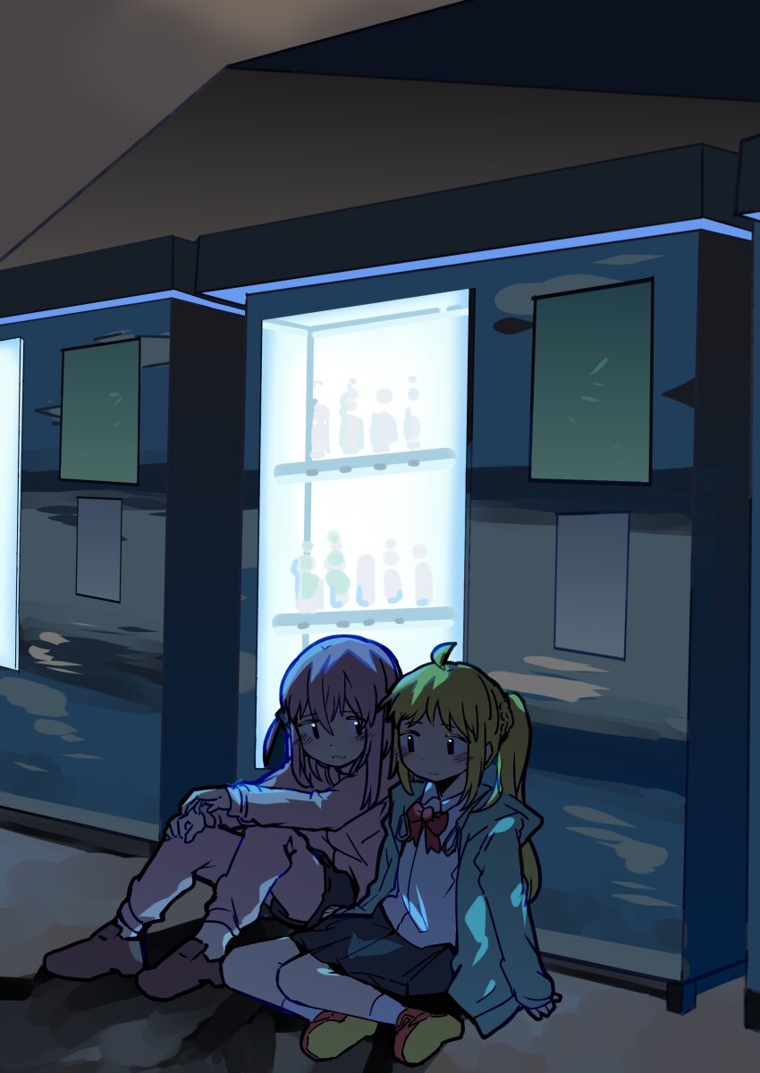 2girls, absurdres, ahoge, blonde_hair, bocchi_the_rock!, bow, collared_shirt, full_body